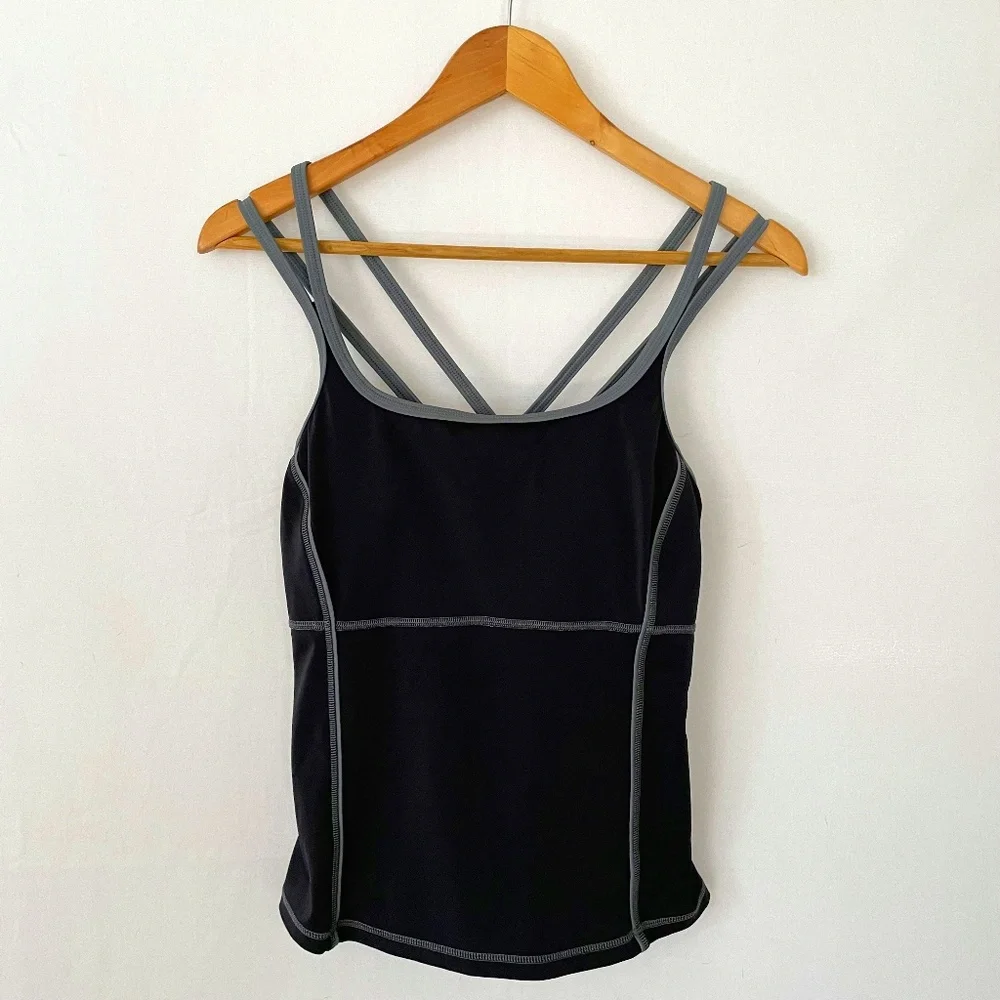 LAND'S END Women's Size 10D Tankini Black Gray Crisscross Straps